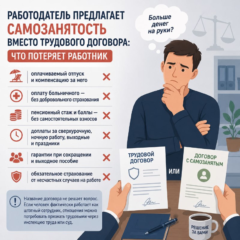 ⚠️ Работодатель предлагает самозанятость вместо трудового договора: что потеряет работник